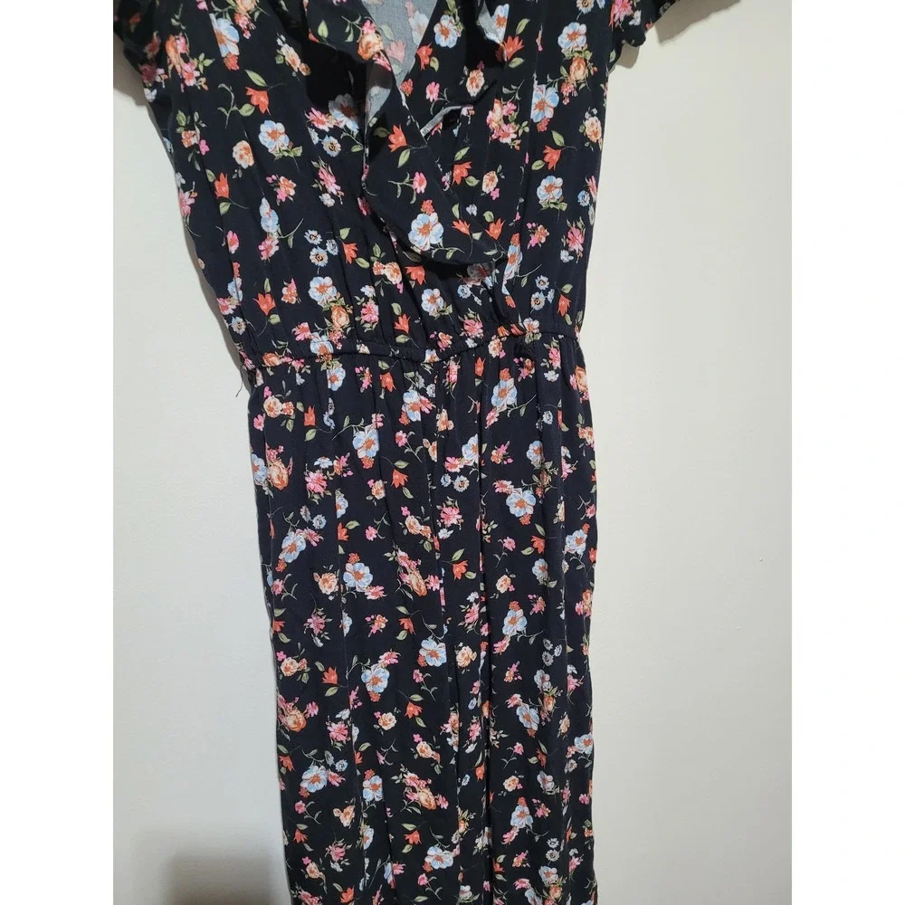 Kingston Grey Floral‎ Jumpsuit Womens Large Black Ruffle Wrap Wide Leg